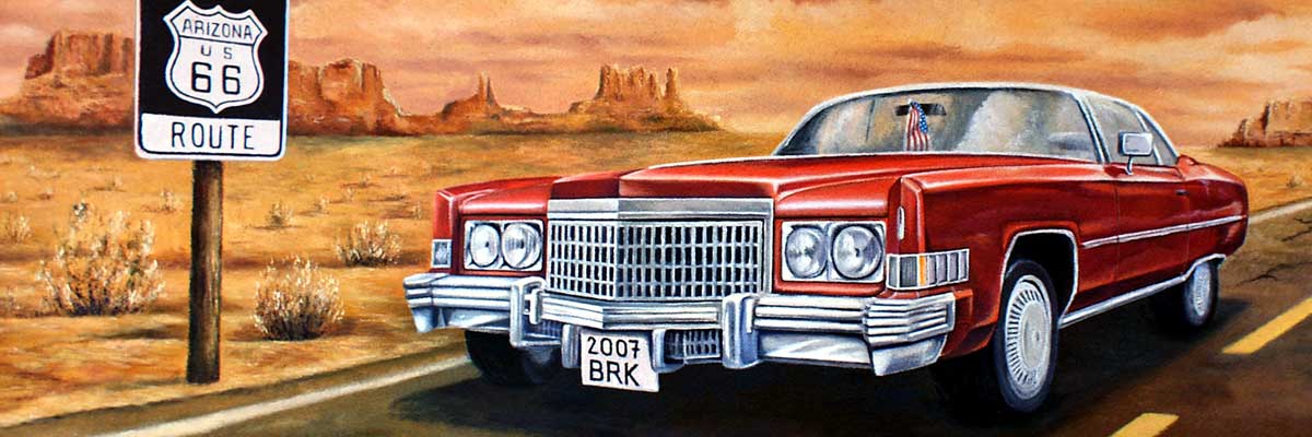 Venkovn nstnn malba s Cadillacem Eldorado a Route 66.