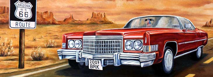 Venkovn nstnn malba s Cadillacem Eldorado a Route 66.