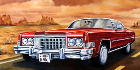 Venkovní nástěnná malba s Cadillacem Eldorado a Route 66.