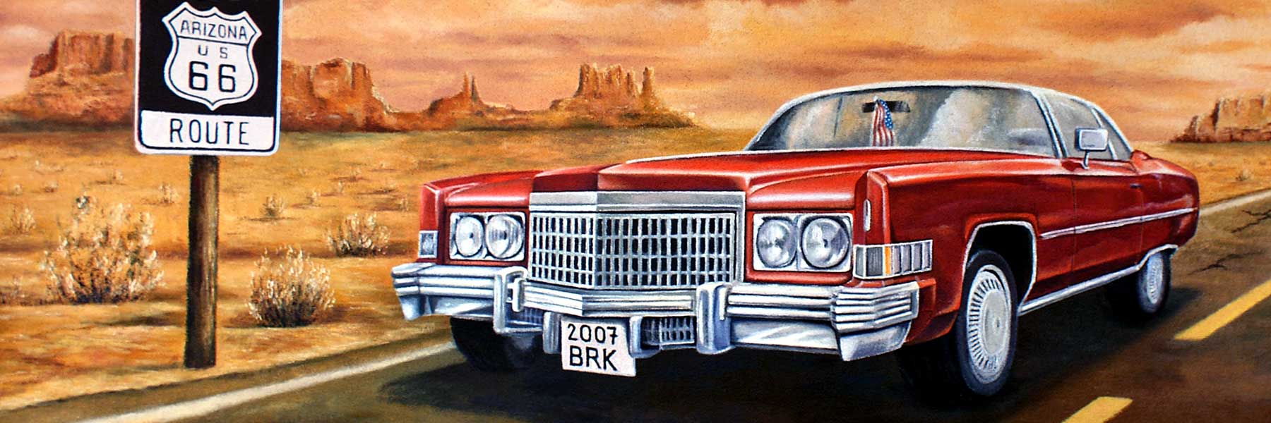 Venkovní nástěnná malba s Cadillacem Eldorado a Route 66.