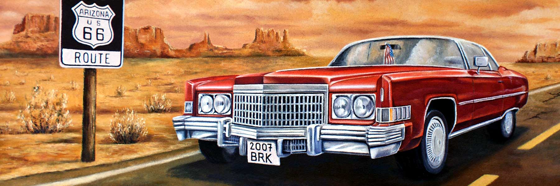 Venkovn nstnn malba s Cadillacem Eldorado a Route 66.