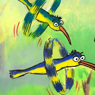 Ilustrace v podobě ptáčků z komiksu Čenda Buráček a zlatá bobule