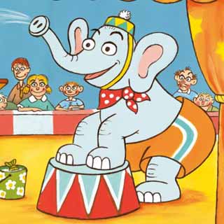 Pohlednice se slonem a myšákem v cirkusu