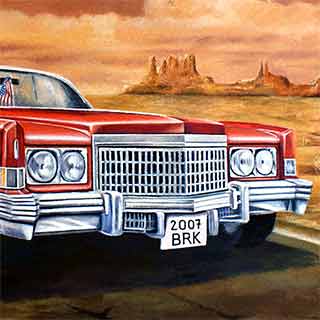 Venkovn malba na zdi Baraka baru v podob Cadillacu Eldorado a Route 66, detail