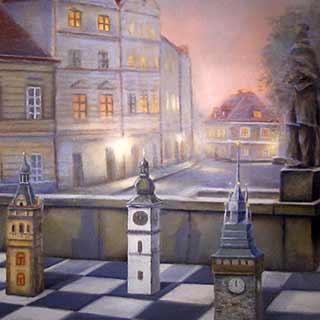 Olej s šachovnicí a figurkami v podobě reálných budov